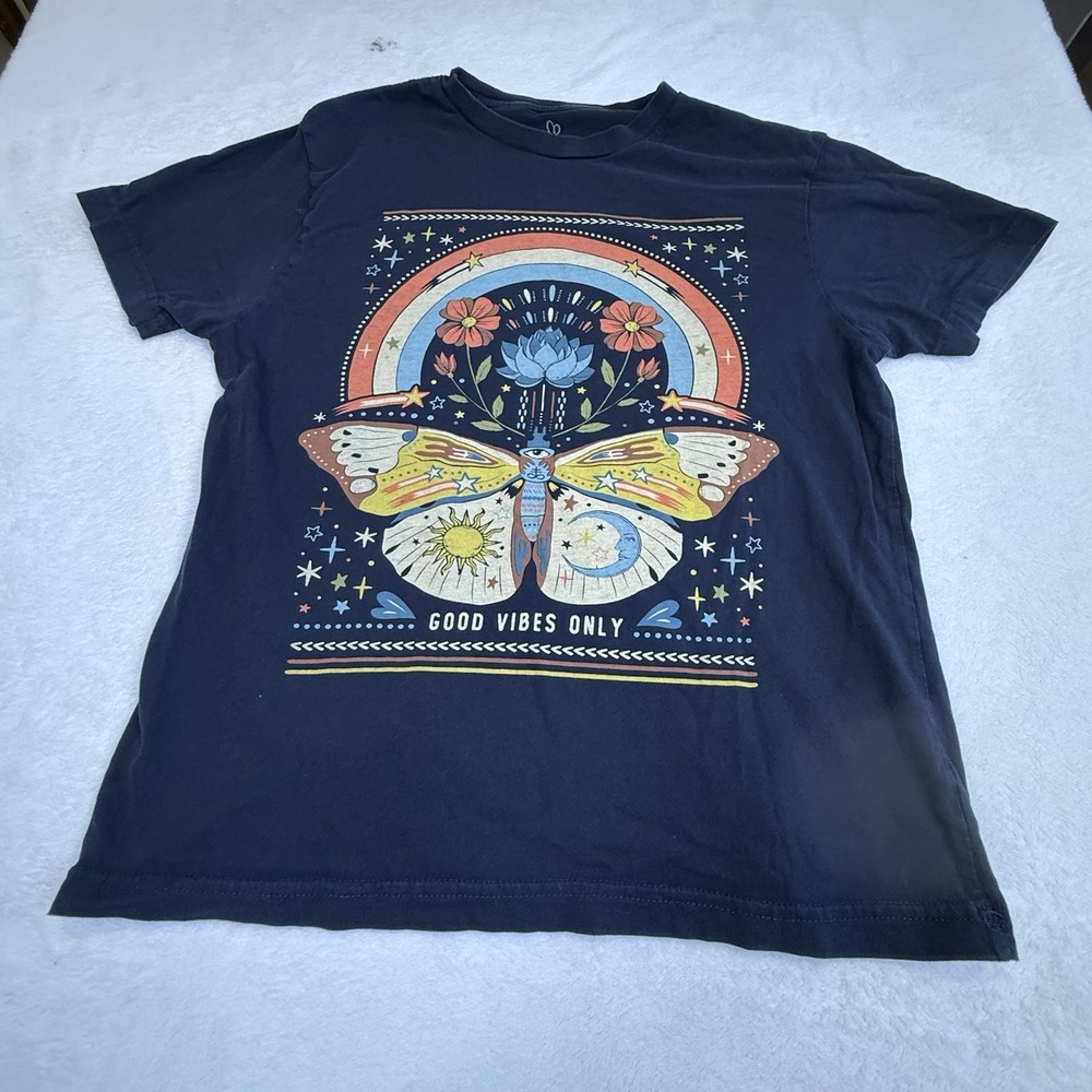 Full Tilt Good Vibes Only Butterfly Rainbow Graphic T-Shirt Women's Medium Black